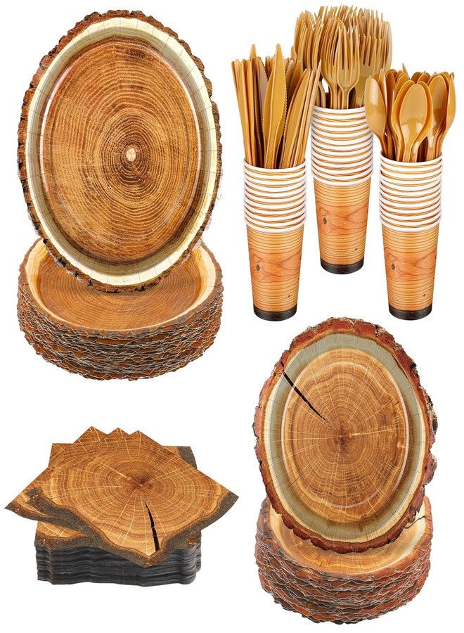 Kochorie 350 PCS Camping Wood Grain Slice Tableware Set Rustic Camping Plates Napkins Cups Cutlery Hunting Birthday Party Decorations Lumberjack Dinner Camping Party Decorations Serve 50 Guests - Image 1