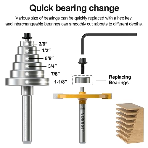 XDENGP Rabbet Router Bit Set 1/4 Shank, Rabbeting Router Bits 1pcs with 6 Bearings for Interchangeable and Adjustable Multi Depths Cutter 1/8", 1/4", 5/16", 3/8", 7/16", 1/2" - Image 3