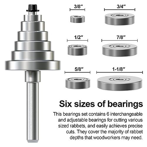 XDENGP Rabbet Router Bit Set 1/4 Shank, Rabbeting Router Bits 1pcs with 6 Bearings for Interchangeable and Adjustable Multi Depths Cutter 1/8", 1/4", 5/16", 3/8", 7/16", 1/2" - Image 4