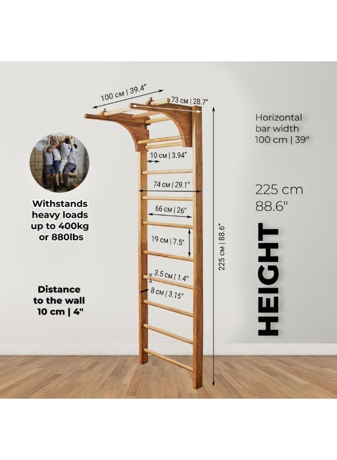 SnuzzleMart Wooden Swedish Ladder – 220 cm Pine Wall-Mounted Gymnastics Stall Bar – Indoor Climbing Frame with Removable Pull-Up Arm – Heavy-Duty Home Gym & Sensory Play Equipment – Supports up to 100kg - Image 3