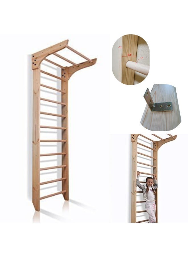 SnuzzleMart Wooden Swedish Ladder – 220 cm Pine Wall-Mounted Gymnastics Stall Bar – Indoor Climbing Frame with Removable Pull-Up Arm – Heavy-Duty Home Gym & Sensory Play Equipment – Supports up to 100kg - Image 2