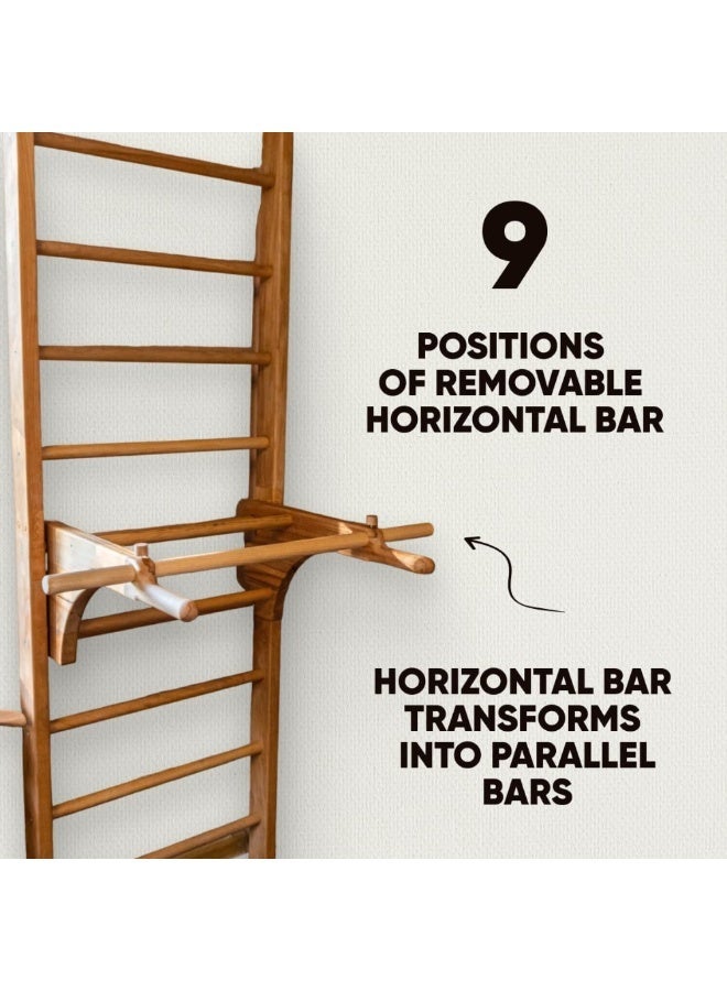 SnuzzleMart Wooden Swedish Ladder – 220 cm Pine Wall-Mounted Gymnastics Stall Bar – Indoor Climbing Frame with Removable Pull-Up Arm – Heavy-Duty Home Gym & Sensory Play Equipment – Supports up to 100kg - Image 5