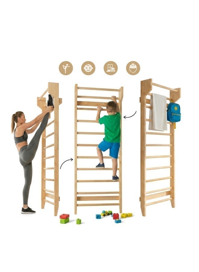 SnuzzleMart Wooden Swedish Ladder – 220 cm Pine Wall-Mounted Gymnastics Stall Bar – Indoor Climbing Frame with Removable Pull-Up Arm – Heavy-Duty Home Gym & Sensory Play Equipment – Supports up to 100kg - Image 1