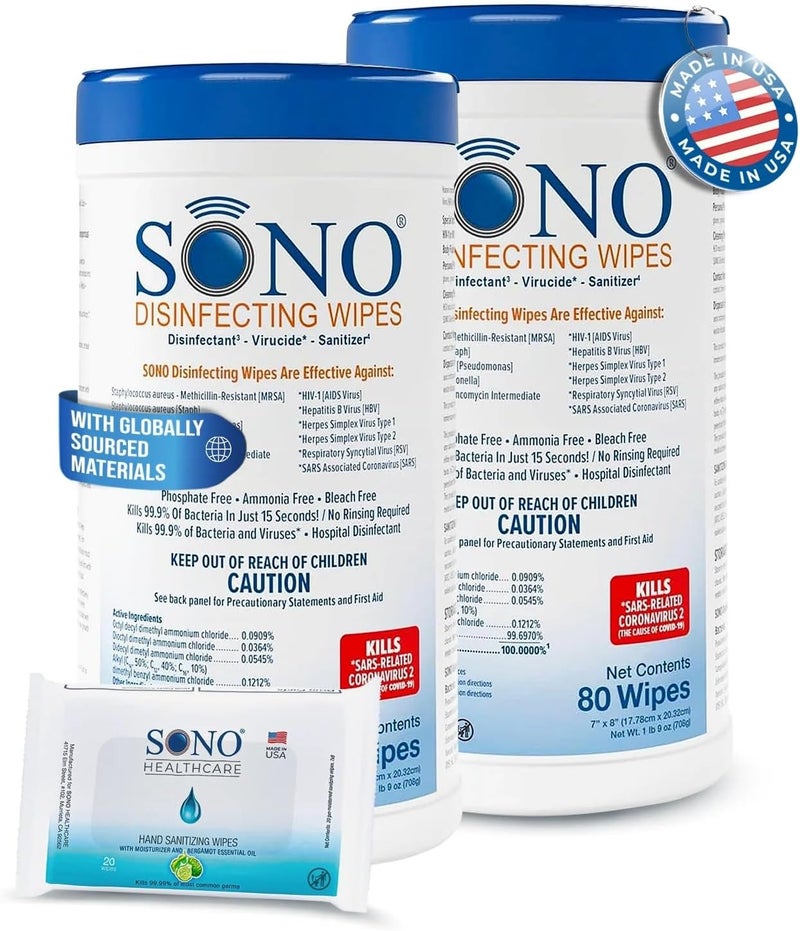 SONO Disinfecting Wipes - 160 Count (Pack of 2) + Sanitizer, Alcohol-Free, No Bleach, Medical-Grade, Multi-Surface Cleaning for Home, School, Office - Image 1