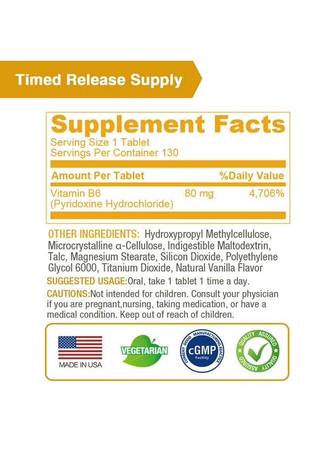Lovita لوفيتا فيتامين ب6 (هيدروكلوريد البيريدوكسين) 80 ملغ، إطلاق مؤقت، 8 ساعات مستدامة، دعم صحة القلب والأوعية الدموية والأعصاب، 130 قرص نباتي - Image 5