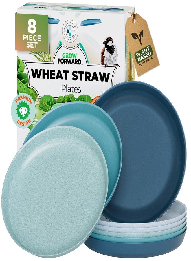 Grow Forward Premium Wheat Straw Plates - 10 Inch Reusable Hard Plastic Dinner Plates Set of 8 - Unbreakable Microwave Safe Plates for Dessert, Camping, RV, Outdoors, Patio, Kitchen Dishes - Seascape - Image 1