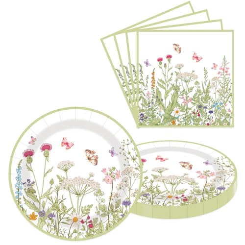 LDFDRT 40 pcs Pary Paper Plates and Napkins Disposable Spring Flower 9 inch 20 pcs Dessert Party Plates & 20 pcs Napkins Tableware for Wedding Party Decorations - Image 1