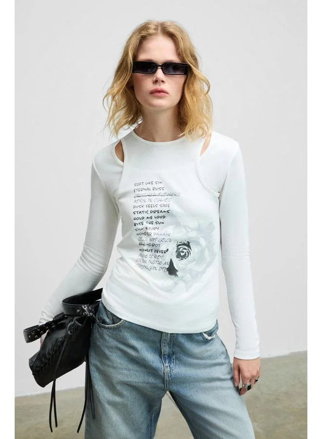 GRIMELANGE ZARABI Women's Soft Fabric Halter Neck Long Sleeve White T-Shirt.