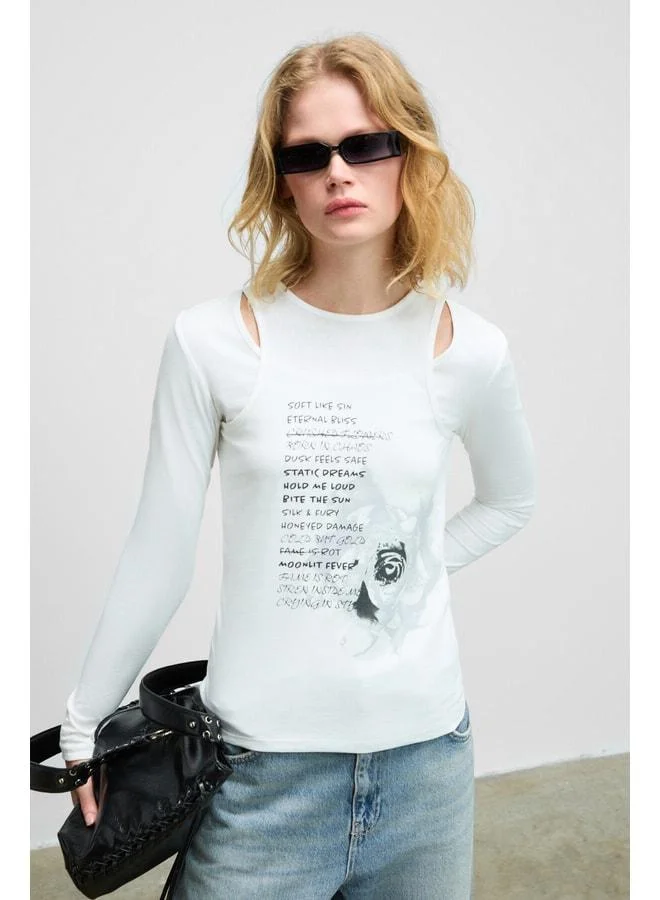 GRIMELANGE ZARABI Women's Soft Fabric Halter Neck Long Sleeve White T-Shirt.