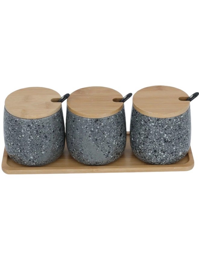 السيف غاليري طقم علب بهارات رمادي غامق بغطاء حامل خشبي 3 قطع - Image 1