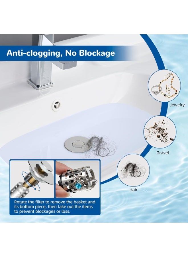 Upgraded 3 in 1 Bathroom Sink Drain Strainer, Universal Pop Up Stopper with Removable Stainless Steel Filter Basket Hair Catcher, Sink Plug for 1.1''~2.36'' Basin, Brass Bullet Core, Chrome - Image 2