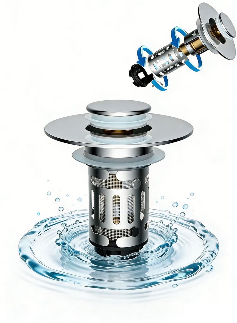 Upgraded 3 in 1 Bathroom Sink Drain Strainer, Universal Pop Up Stopper with Removable Stainless Steel Filter Basket Hair Catcher, Sink Plug for 1.1''~2.36'' Basin, Brass Bullet Core, Chrome - Image 1