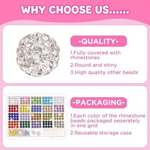 Funtopia Rhinestone Beads 10mm, 408pcs Disco Ball Beads Set for Jewelry Making, Funtopia Sparkle Crystal Clay Bead, Colorful Bling Bead with Charms Spacer Beed for Bracelet Necklace Earring Crafting - Image 3