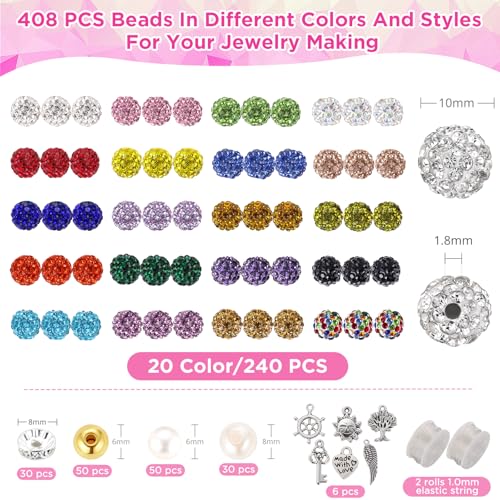 Funtopia Rhinestone Beads 10mm, 408pcs Disco Ball Beads Set for Jewelry Making, Funtopia Sparkle Crystal Clay Bead, Colorful Bling Bead with Charms Spacer Beed for Bracelet Necklace Earring Crafting - Image 2