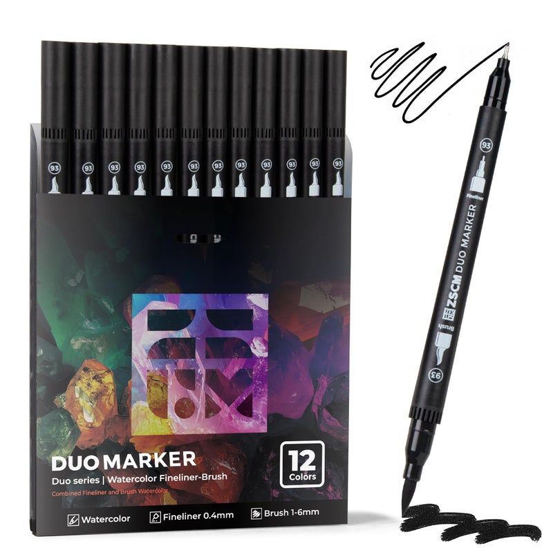 ZSCM Black Duo Tip Marker Pens, 12 Pack Fine & Brush Markers for Adult Coloring Books No Bleeding, Jet Black Markers for Outlining, Sketching, Japanese Manga, Calligraphy and Graphic Novels - Image 1
