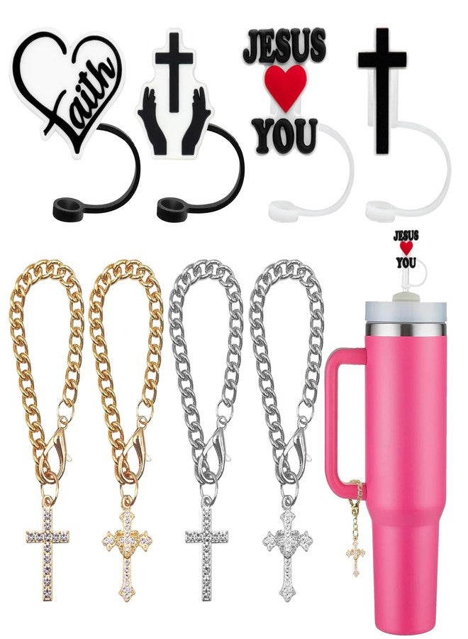 KWOYOS Jesus Straw Covers, Christian Straw Cover Cap, Jesus Straw Toppers for Stanley Cup 10MM Straws, 4 Caps + 4 Chains - Image 1