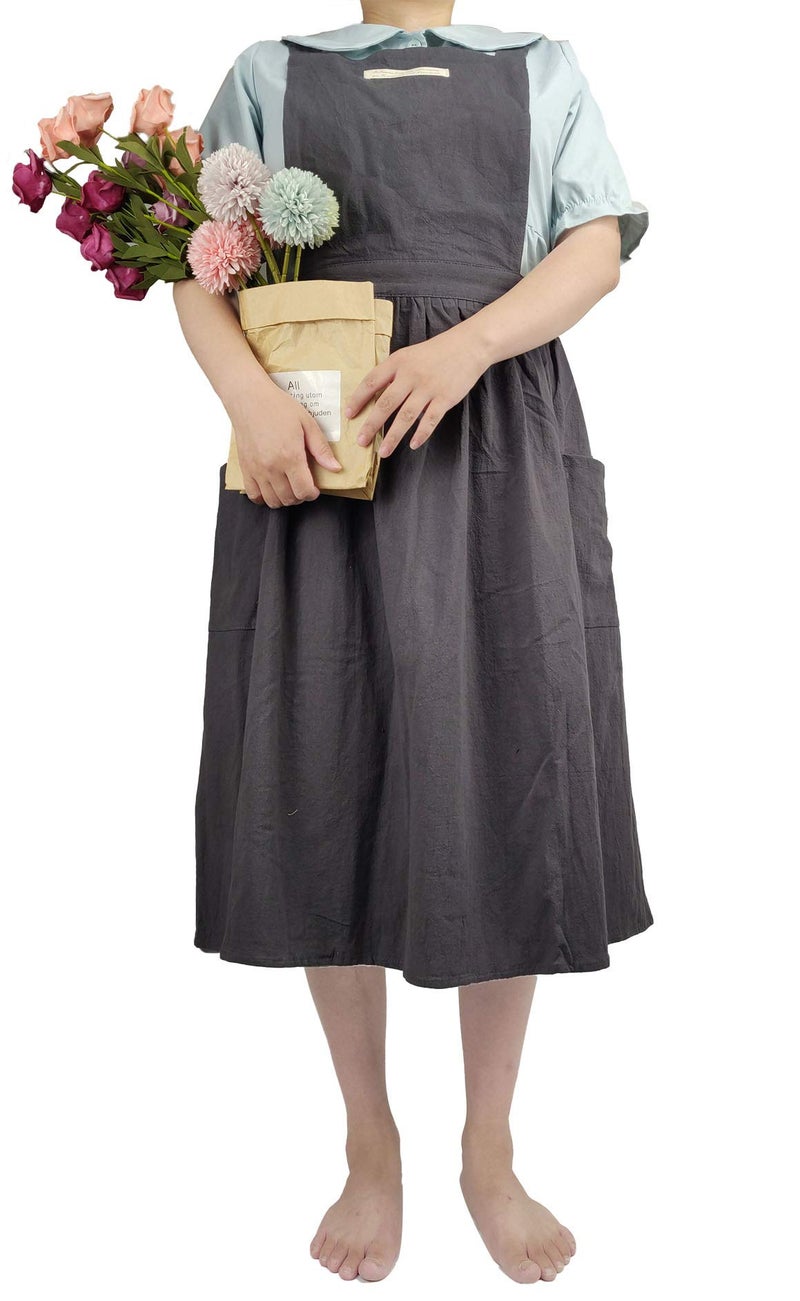 losofar Women Girls Vintage Apron Adjustable Gardening Works Cross Back Cotton/Linen Blend Aprons Pinafore Dress with Two Pockets (blackgrey, 39"x 59") - Image 1