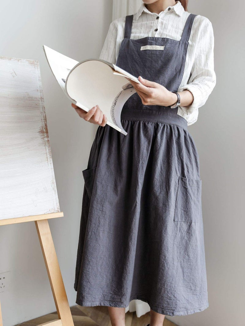 losofar Women Girls Vintage Apron Adjustable Gardening Works Cross Back Cotton/Linen Blend Aprons Pinafore Dress with Two Pockets (blackgrey, 39"x 59") - Image 5