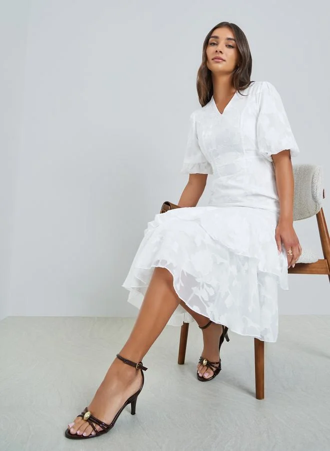 Styli White Jacquard Mermaid Hem Midi Dress