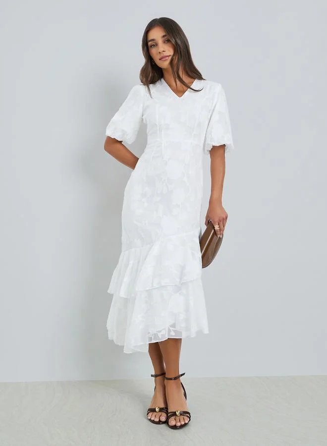 Styli White Jacquard Mermaid Hem Midi Dress