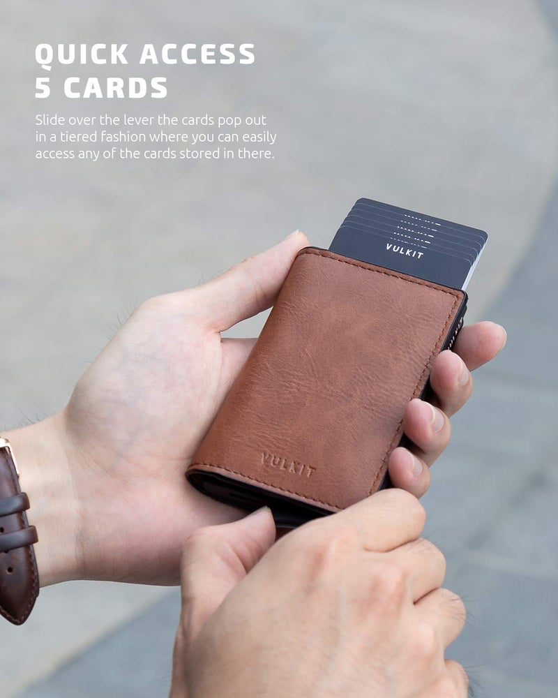 VULKIT VULKIT Card Holder Pop Up Slim Wallet Leather RFID Blocking Card Case Up to 8 Credit Cards Brown  - Image 2