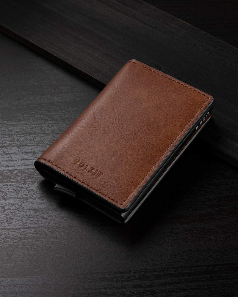 VULKIT VULKIT Card Holder Pop Up Slim Wallet Leather RFID Blocking Card Case Up to 8 Credit Cards Brown  - Image 5