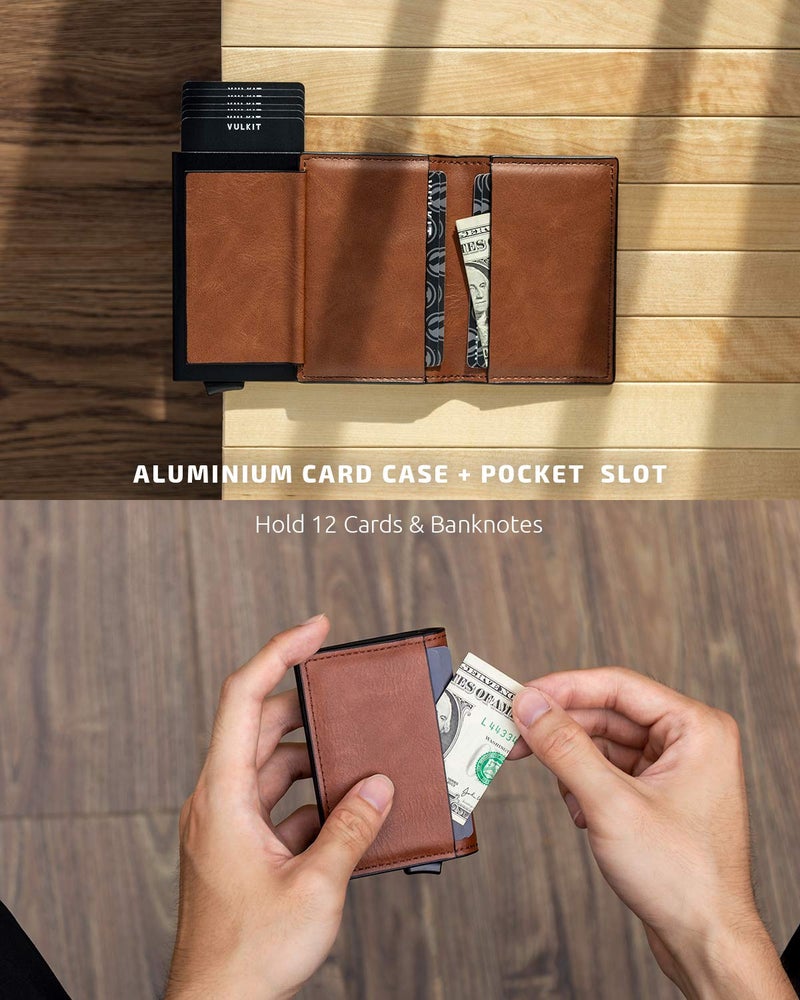 VULKIT VULKIT Card Holder Pop Up Slim Wallet Leather RFID Blocking Card Case Up to 8 Credit Cards Brown  - Image 4