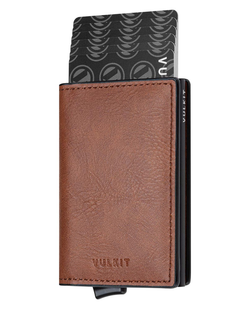 VULKIT VULKIT Card Holder Pop Up Slim Wallet Leather RFID Blocking Card Case Up to 8 Credit Cards Brown  - Image 1