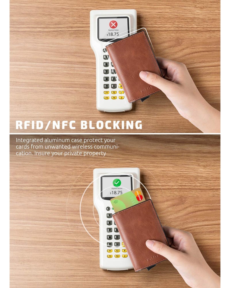 VULKIT VULKIT Card Holder Pop Up Slim Wallet Leather RFID Blocking Card Case Up to 8 Credit Cards Brown  - Image 3