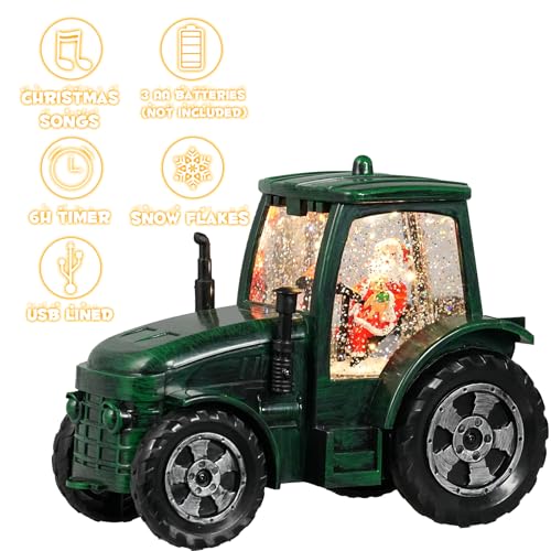 Seschrist Christmas Snow Globe Green Tractor Santa Snow Globe 6H Timer Battery USB Powered Lighted Musical Lantern Spinning and Swirling Glitter Christmas Decorations Gifts for Old Man Father - Image 3