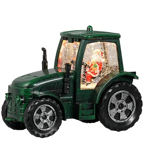 Seschrist Christmas Snow Globe Green Tractor Santa Snow Globe 6H Timer Battery USB Powered Lighted Musical Lantern Spinning and Swirling Glitter Christmas Decorations Gifts for Old Man Father - Image 1