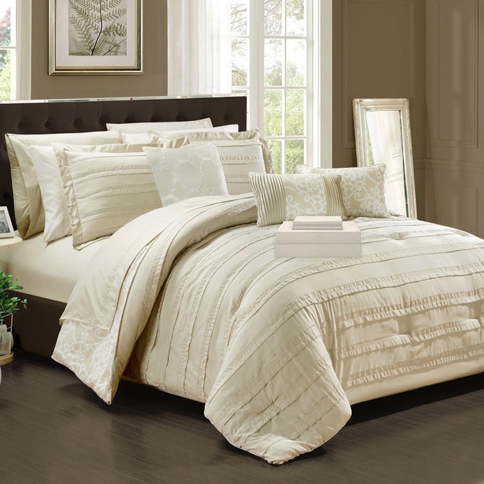 LEA 10 PIECE REVERSIBLE COMFORTER BAG RUFFLED PINCH PLEAT MOTIF PATTERN PRINT COMPLETE BEDDING SETSHEETS DECORATIVE PILLOWS SHAMS INCLUDED QUEEN BEIGE
