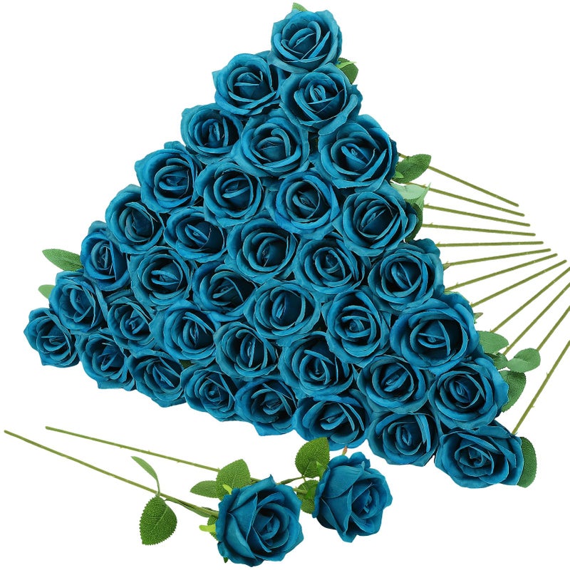 Hoemwarm 36 Pcs Teal Artificial Roses with Long Stems Blue Green Fake Silk Rose Artificial Flowers Bulk for Bridal Wedding Bouquet Centerpiece Ball Arrangement Party Decor - Image 2