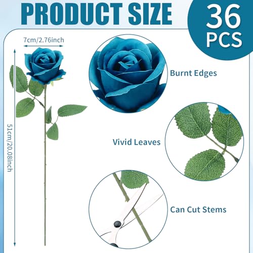 Hoemwarm 36 Pcs Teal Artificial Roses with Long Stems Blue Green Fake Silk Rose Artificial Flowers Bulk for Bridal Wedding Bouquet Centerpiece Ball Arrangement Party Decor - Image 3