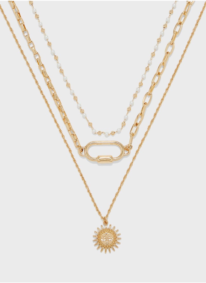 Ginger Triple Layered Chain Necklace With Sunburst Pendent  - Image 1