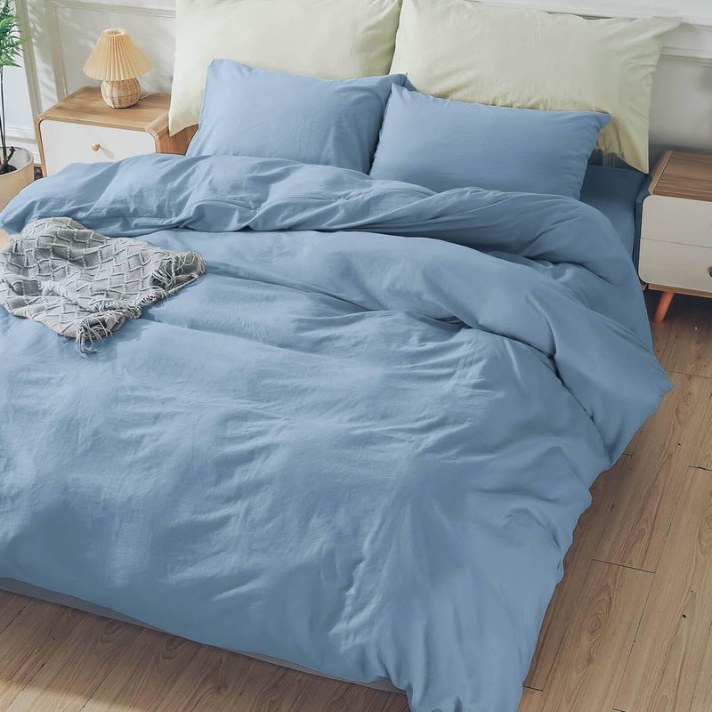 NEXHOME PRO Duvet Cover Set 100% Washed Cotton California Kingn 104 ""x98 ""  Organic Natural Linen Look Textured 3 Pieces Bedding Set Blue with Zipper Closure & Corner Ties  Breathable (No Comforter) - Image 3