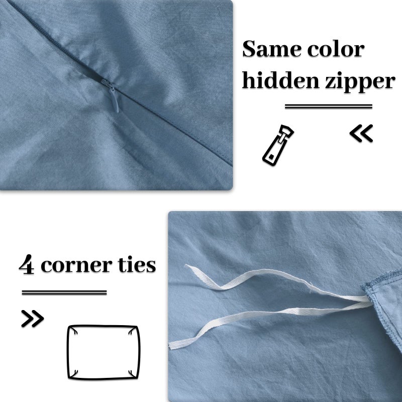 NEXHOME PRO Duvet Cover Set 100% Washed Cotton California Kingn 104 ""x98 ""  Organic Natural Linen Look Textured 3 Pieces Bedding Set Blue with Zipper Closure & Corner Ties  Breathable (No Comforter) - Image 5