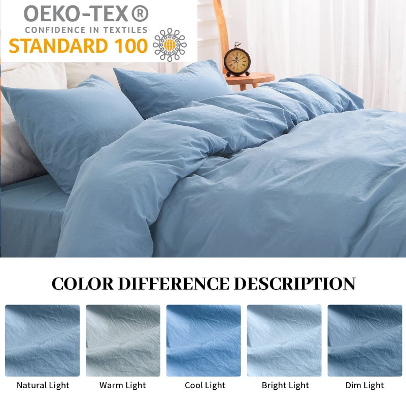 NEXHOME PRO Duvet Cover Set 100% Washed Cotton California Kingn 104 ""x98 ""  Organic Natural Linen Look Textured 3 Pieces Bedding Set Blue with Zipper Closure & Corner Ties  Breathable (No Comforter) - Image 4