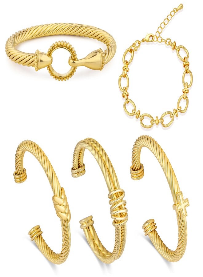 Narati Cable Bracelets For Women Fashion 5pcs Twisted Cable Bracelet Stainless Steel Cuff Mixed Metal Bracelet Designer Bracelet (Style-1) - Image 1