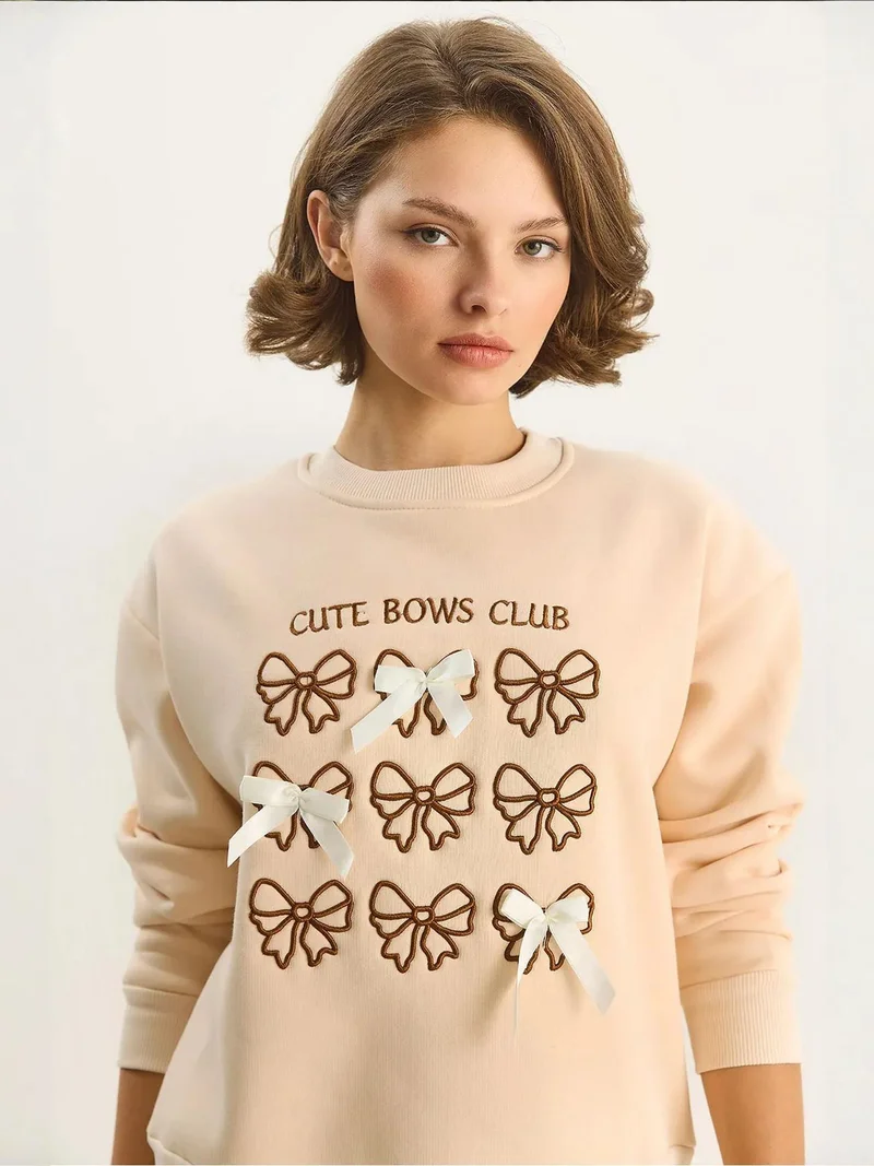 Bianco Lucci LUCCI Ribbed Printed Crew Neck Long Sleeve Sweatshirt