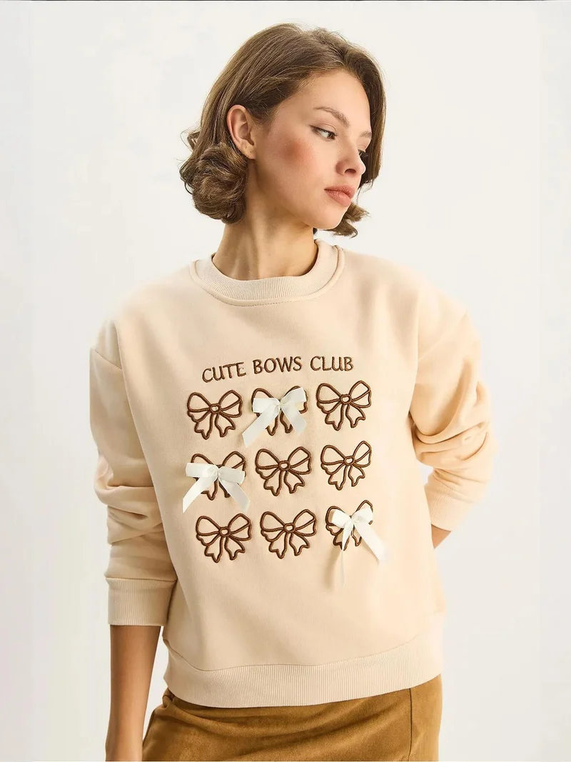 Bianco Lucci Beige Natural LUCCI Ribbed Printed Crew Neck Long Sleeve Sweatshirt for Women | Best Price UAE