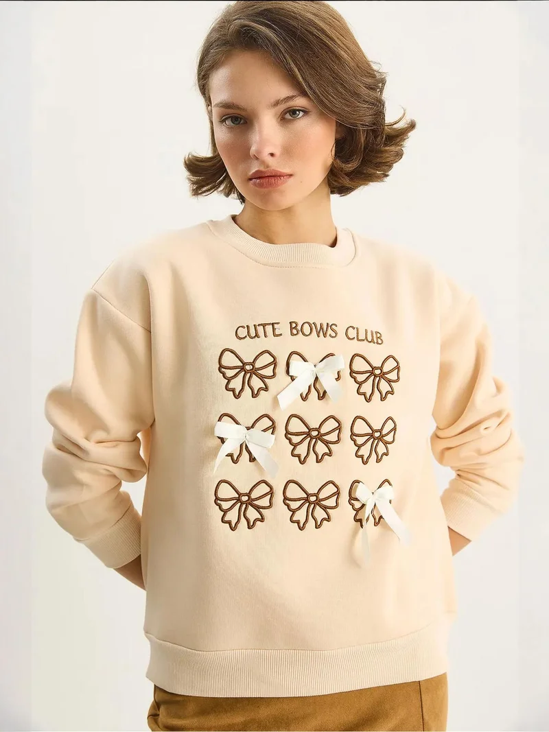 Bianco Lucci Beige Natural LUCCI Ribbed Printed Crew Neck Long Sleeve Sweatshirt for Women | Best Price UAE