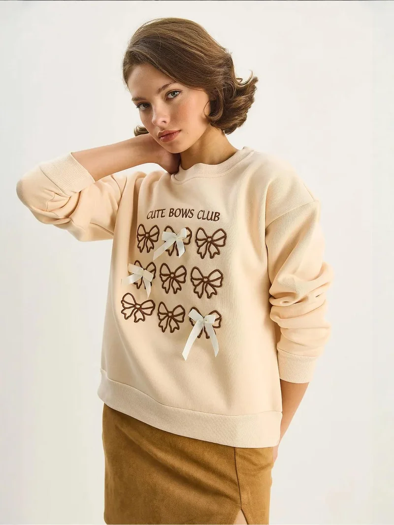 Bianco Lucci Beige Natural LUCCI Ribbed Printed Crew Neck Long Sleeve Sweatshirt for Women | Best Price UAE