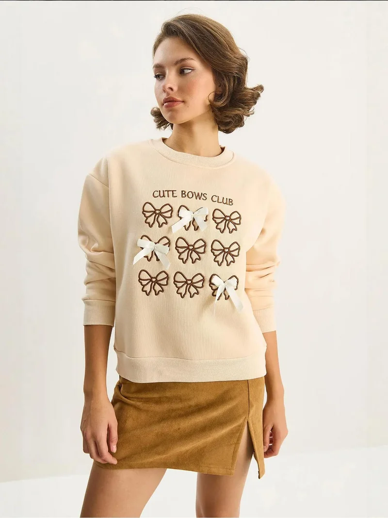 Bianco Lucci Beige Natural LUCCI Ribbed Printed Crew Neck Long Sleeve Sweatshirt for Women | Best Price UAE