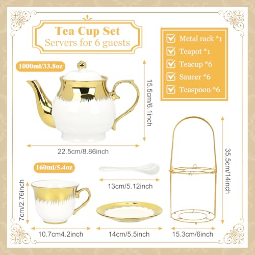 Hebaogugu Porcelain Tea Set, Large Ceramic Tea Set for Adults with Metal Holder, 20 Pcs European Tea Cup Set, Luxury Adult Tea Sets Gift, Gold Trim Tea Cup Saucer Sets for Party Deco,1000ML (Gold Trim) - Image 3