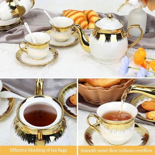 Hebaogugu Porcelain Tea Set, Large Ceramic Tea Set for Adults with Metal Holder, 20 Pcs European Tea Cup Set, Luxury Adult Tea Sets Gift, Gold Trim Tea Cup Saucer Sets for Party Deco,1000ML (Gold Trim) - Image 4