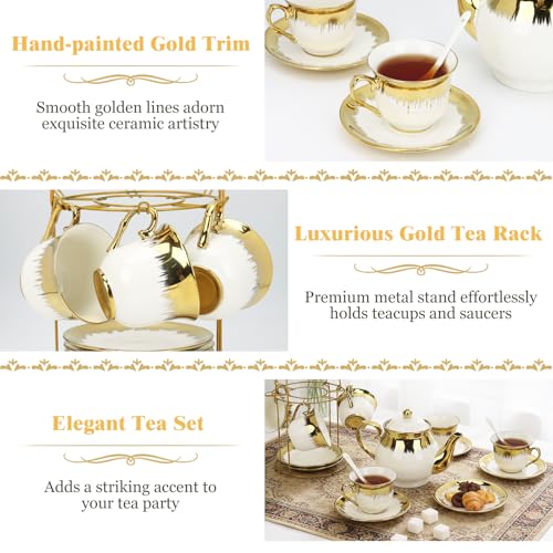 Hebaogugu Porcelain Tea Set, Large Ceramic Tea Set for Adults with Metal Holder, 20 Pcs European Tea Cup Set, Luxury Adult Tea Sets Gift, Gold Trim Tea Cup Saucer Sets for Party Deco,1000ML (Gold Trim) - Image 5