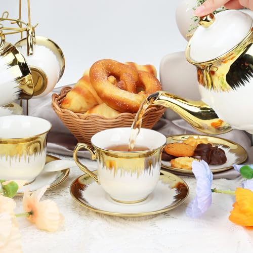 Hebaogugu Porcelain Tea Set, Large Ceramic Tea Set for Adults with Metal Holder, 20 Pcs European Tea Cup Set, Luxury Adult Tea Sets Gift, Gold Trim Tea Cup Saucer Sets for Party Deco,1000ML (Gold Trim) - Image 2