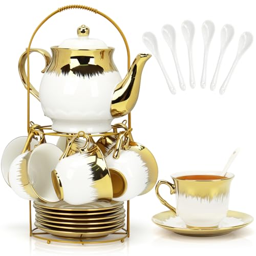 Hebaogugu Porcelain Tea Set, Large Ceramic Tea Set for Adults with Metal Holder, 20 Pcs European Tea Cup Set, Luxury Adult Tea Sets Gift, Gold Trim Tea Cup Saucer Sets for Party Deco,1000ML (Gold Trim) - Image 1