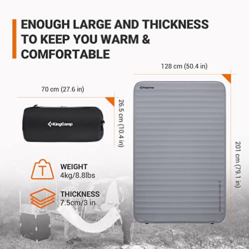 KingCamp Double Self Inflating Sleeping Pad with R Value 9.5, Camping Foam Air Mattress, Portable 3 Inch Large Thick for 2 Person, 79.1'' x 50.3'' x 3.0, Grey - Image 2